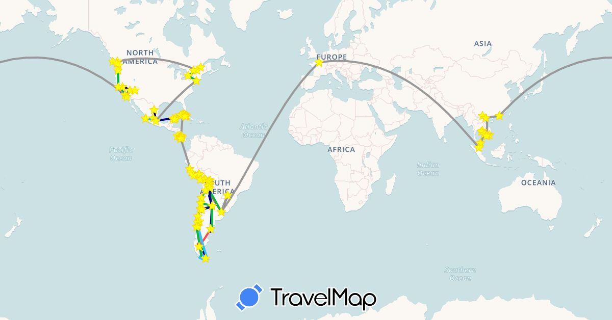 TravelMap itinerary: driving, bus, plane, cycling, train, hiking, boat, hitchhiking, motorbike, rafting, calèche, voiture , tuktuk, pousse-pousse, trufi (taxis collectifs longue distance), cheval, cable car, téléphérique, co-voiturage in Argentina, Bolivia, Canada, Côte d'Ivoire, Chile, Costa Rica, Cuba, Denmark, Ethiopia, France, Hong Kong, Cambodia, Mexico, Malaysia, Peru, United States, Vietnam (Africa, Asia, Europe, North America, South America)